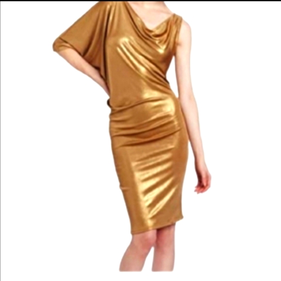 BCBG MaxAzria Gold Abriel draped cowl neck holiday dress one shoulder size large - Picture 2 of 5